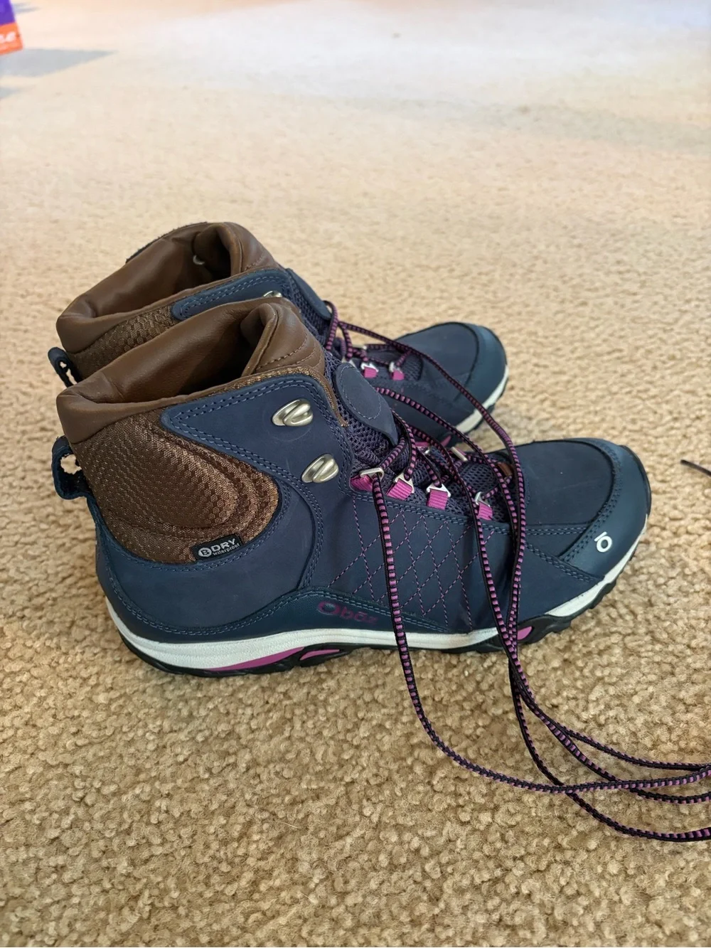 Oboz Women’s Navy and Brown Waterproof Hiking Boots. Size 9.5.